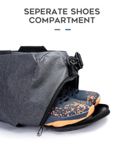 Gym duffel bag with dedicated shoe storage compartment for travel and fitness
