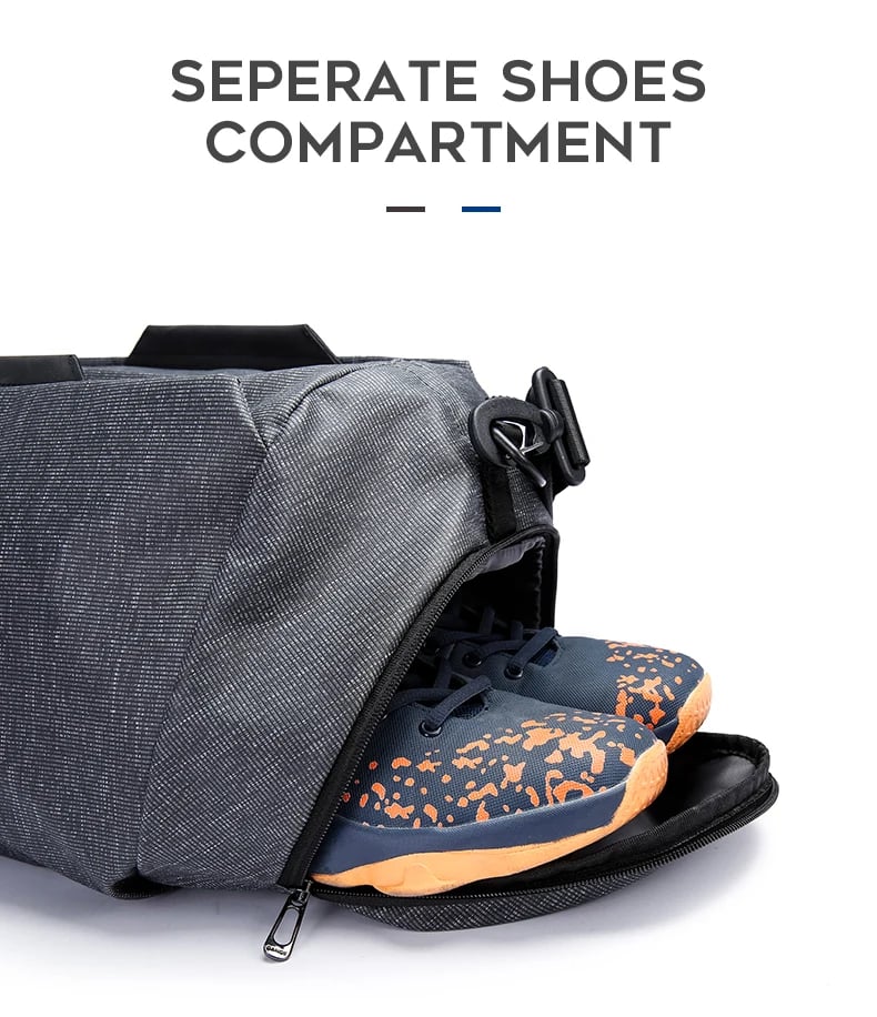 Gym duffel bag with dedicated shoe storage compartment for travel and fitness
