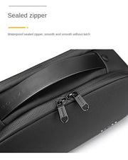 Close-up view of the waterproof zipper and premium carry handle on a travel cosmetic bag.
