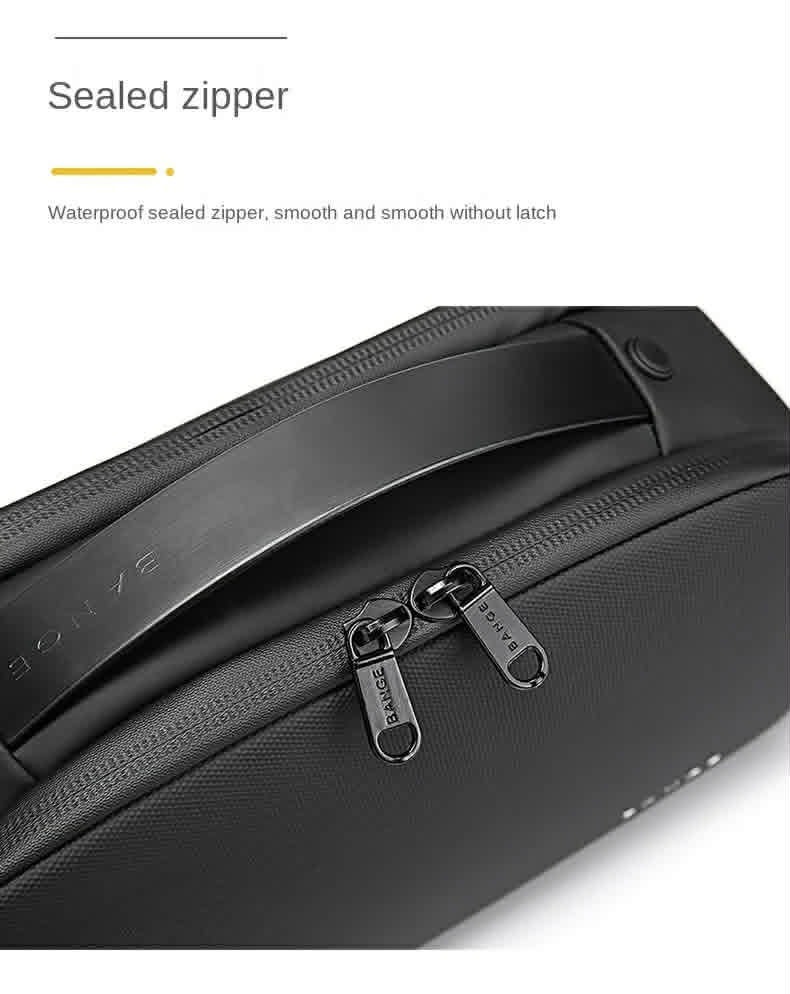 Close-up view of the waterproof zipper and premium carry handle on a travel cosmetic bag.
