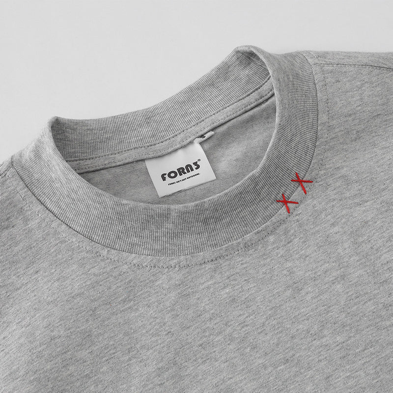 Close-up detail of gray cotton round neck T-shirt collar
