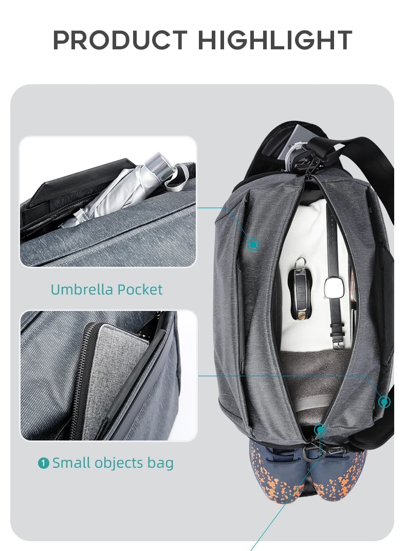 Women’s fitness travel bag with organized storage compartments, umbrella pocket and accessory pockets
