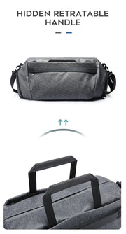 Women’s gym and travel duffel bag with hidden retractable carry handle design
