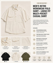 Men's retro workwear polo shirt feature guide showing utility pockets, cotton blend fabric, relaxed fit, and color options
