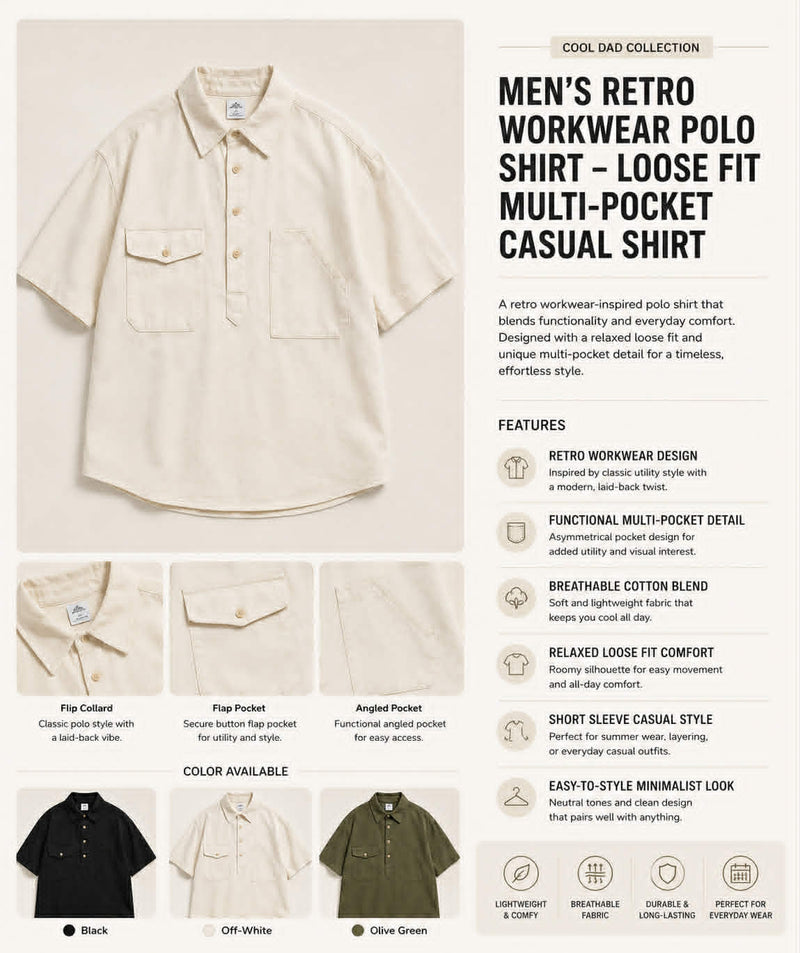 Men's retro workwear polo shirt feature guide showing utility pockets, cotton blend fabric, relaxed fit, and color options
