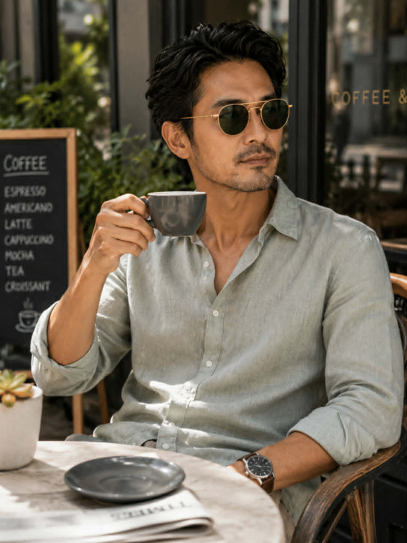 Man wearing vintage round sunglasses while enjoying coffee at an outdoor cafe.
