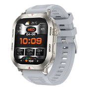 Sports smartwatch fitness tracker in silver with HD touch display, Bluetooth calling, heart rate monitoring, step tracking, and smart notifications.
