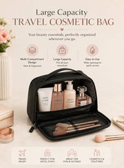 Large capacity travel cosmetic bag with multi-compartment storage for makeup, skincare, and toiletries.
