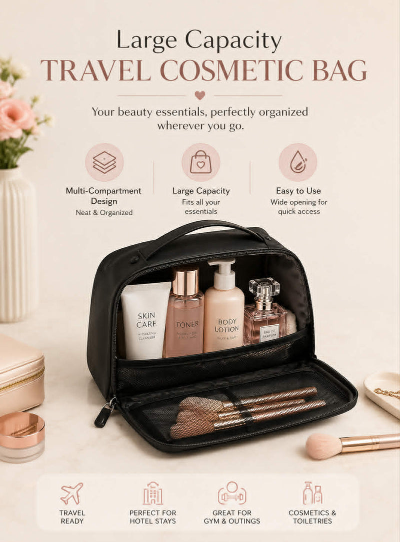 Large capacity travel cosmetic bag with multi-compartment storage for makeup, skincare, and toiletries.
