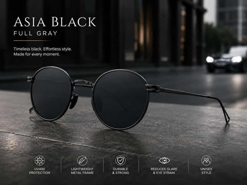 Vintage round sunglasses with black metal frame and full gray UV400 lenses on a modern urban background.
