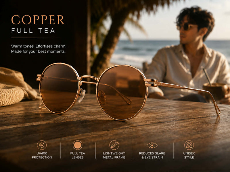 Vintage round sunglasses with copper frame and tea-tinted lenses in a luxury beachside lifestyle scene.
