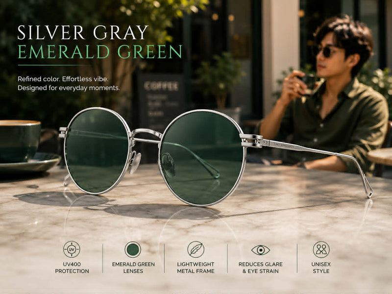 Vintage round sunglasses with silver frame and emerald green lenses displayed in a stylish cafe setting.
