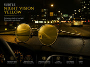 Vintage round sunglasses with yellow night vision lenses designed for enhanced low-light driving visibility.

