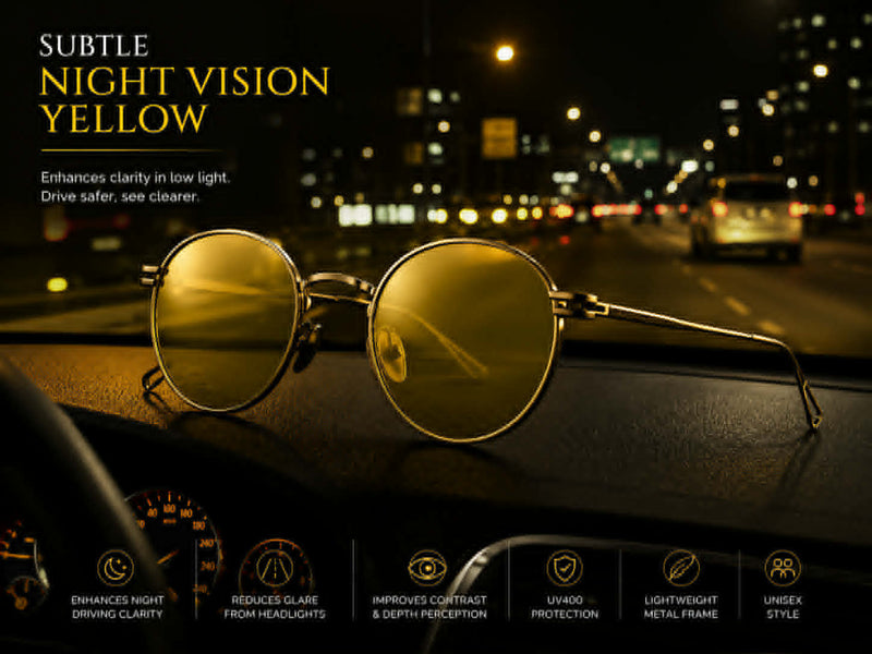 Vintage round sunglasses with yellow night vision lenses designed for enhanced low-light driving visibility.
