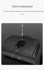 Water-resistant travel cosmetic bag demonstrating waterproof exterior protection.
