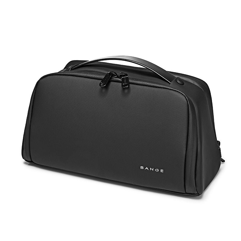 Black waterproof travel cosmetic bag for women with premium zipper closure and carry handle.
