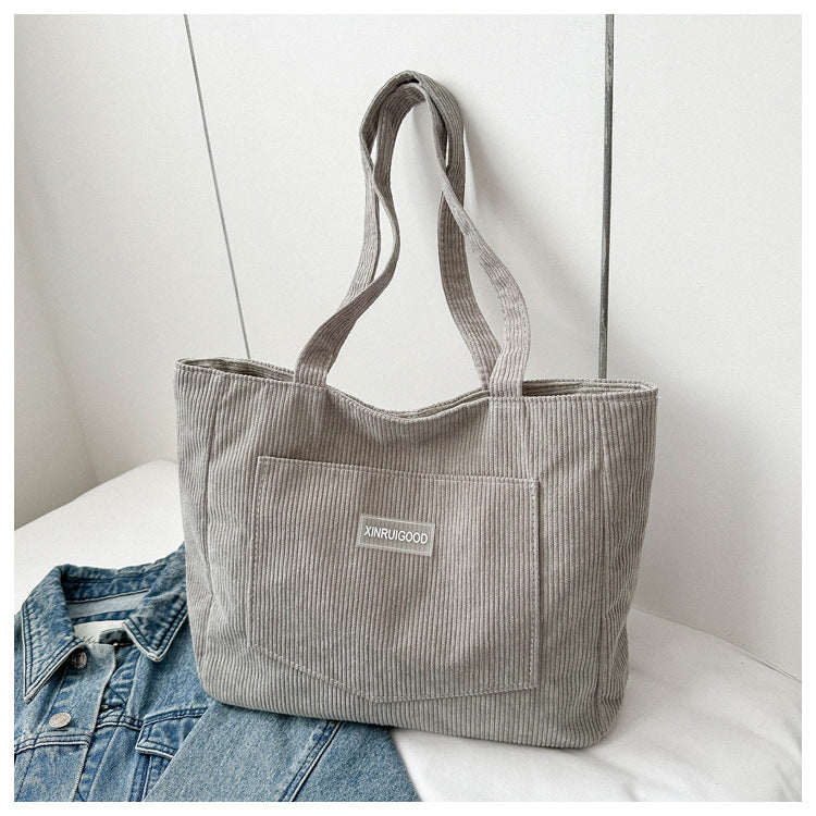 Light gray corduroy casual tote shoulder bag
