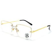 Clear lens square rimless eyewear with gold metal frame and crystal S embellishment
