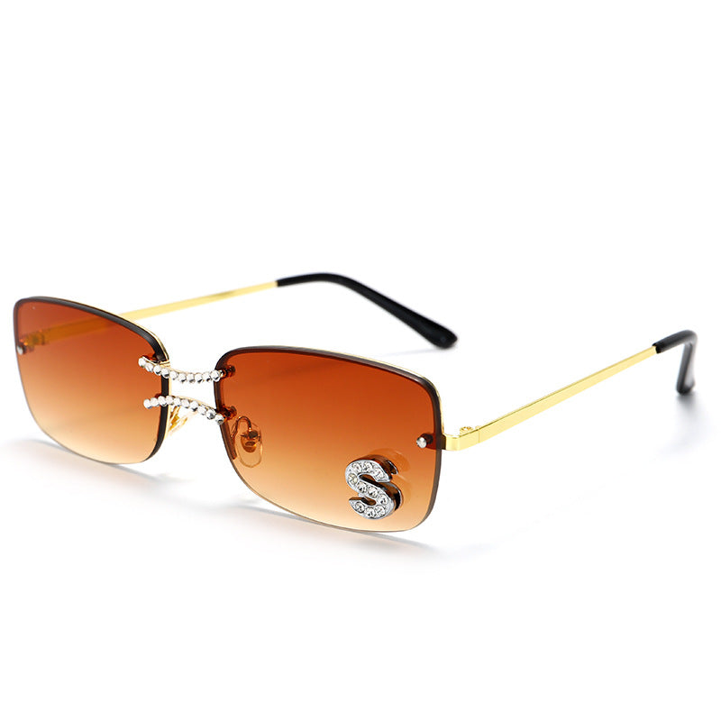 Gradient tea square rimless sunglasses with gold metal frame and crystal S accent

