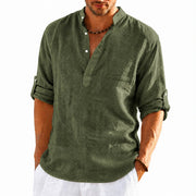 Men’s army green stand collar linen blend shirt with rolled sleeves and lightweight comfort
