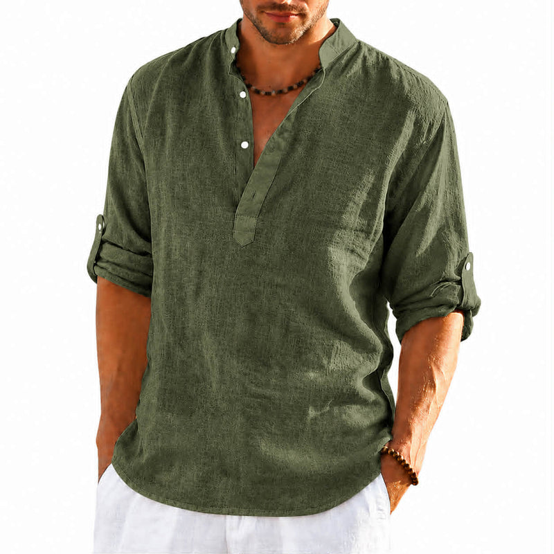 Men’s army green stand collar linen blend shirt with rolled sleeves and lightweight comfort
