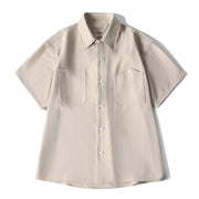 Men’s beige retro loose fit short sleeve button-up shirt