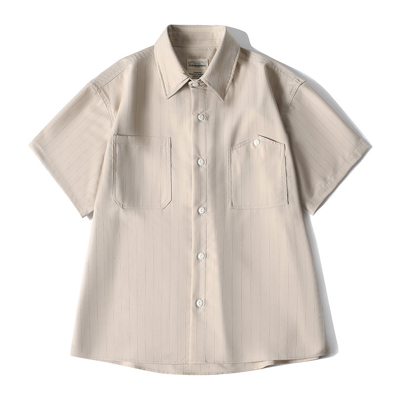 Men’s beige retro loose fit short sleeve button-up shirt