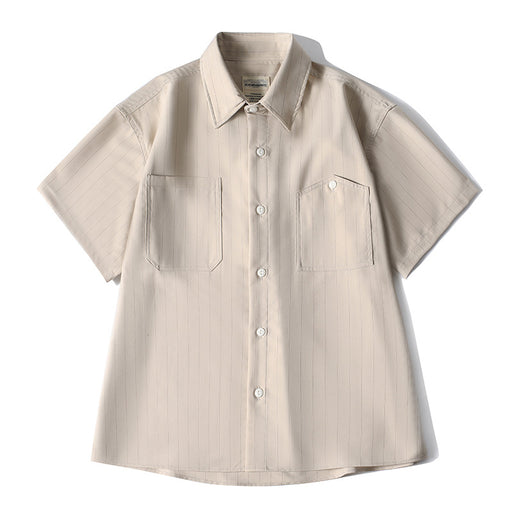 Men’s beige retro loose fit short sleeve button-up shirt