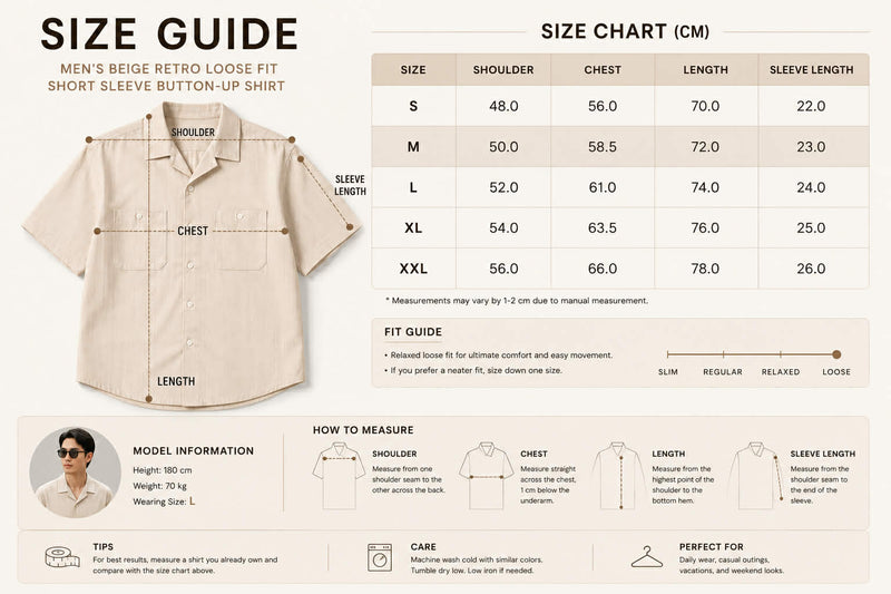 Size guide chart for men's beige retro loose fit short sleeve button-up shirt showing shoulder, chest, length, and sleeve measurements with fit guide and sizing information.
