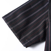 Men’s black retro striped loose fit short sleeve casual shirt sleeve detail showing clean stitching and relaxed fit construction.
