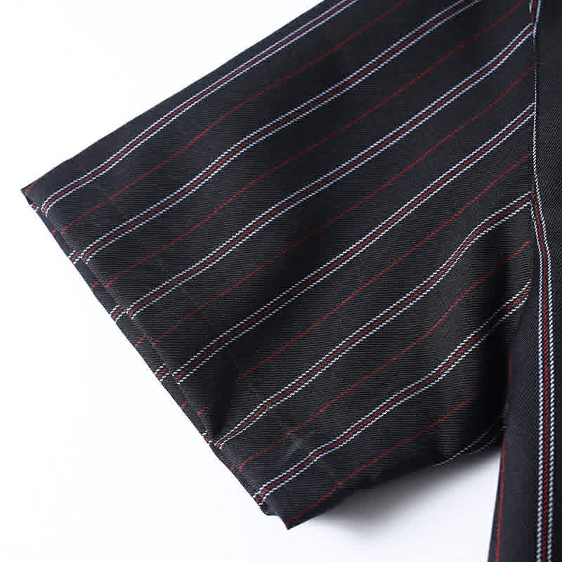 Men’s black retro striped loose fit short sleeve casual shirt sleeve detail showing clean stitching and relaxed fit construction.
