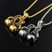 Men' boxing gloves necklace gold and silver angled view pendant detail