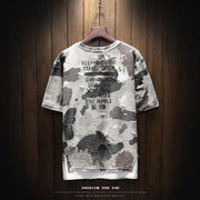 Back view of distressed camouflage t-shirt with motivational streetwear text prin
