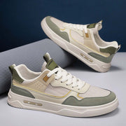 Men’s Casual Skate Sneakers in beige and green color with breathable mesh design.