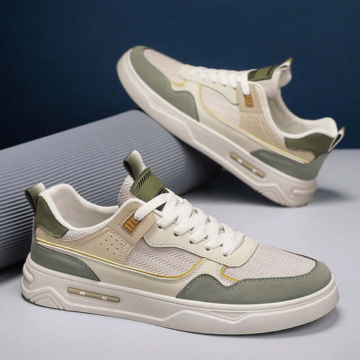 Men’s Casual Skate Sneakers in beige and green color with breathable mesh design.
