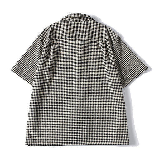 Back view of men’s checkered loose fit Cuban collar shirt

