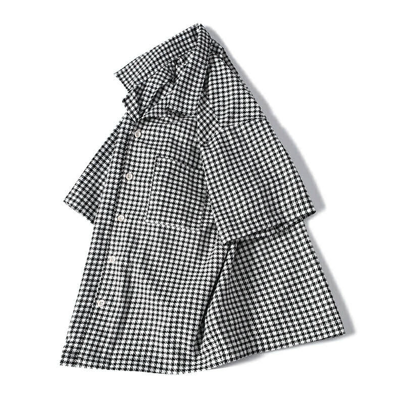 Angled vie of men's black and white checkerd short sleeve shirt