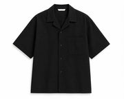 Men’s Cuban collar short sleeve shirt black front view relaxed fit summer button-up
