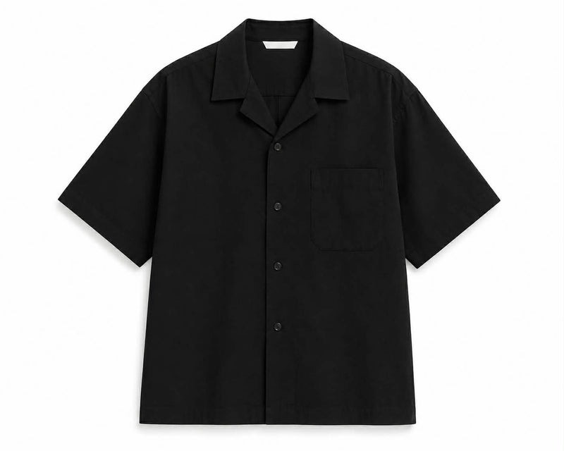 Men’s Cuban collar short sleeve shirt black front view relaxed fit summer button-up
