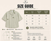 Men’s Cuban collar short sleeve shirt size guide with measurements for chest shoulder and length
