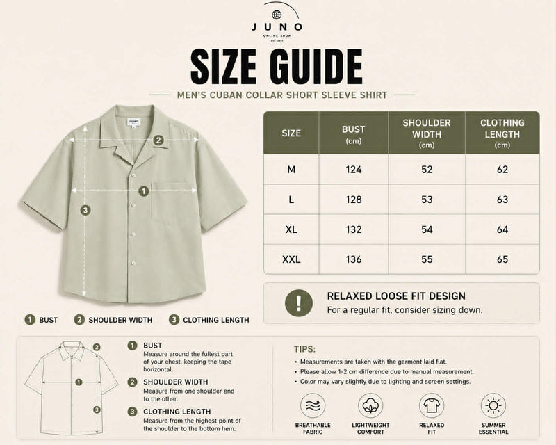 Men’s Cuban collar short sleeve shirt size guide with measurements for chest shoulder and length
