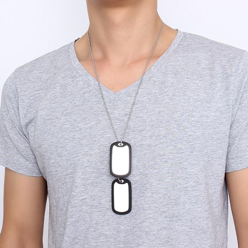 Men wearing double dog tag stainless steel chain on casual shirt