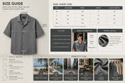 Size guide infographic for a men’s gray retro Cuban collar striped short sleeve shirt featuring measurement points, size chart, fit guide, model information, and styling recommendations for everyday casual wear.

