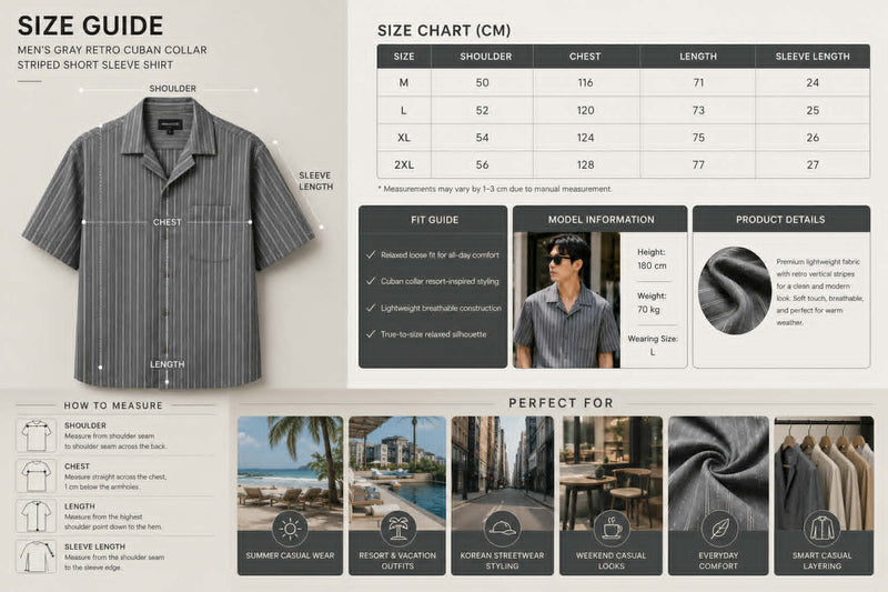 Size guide infographic for a men’s gray retro Cuban collar striped short sleeve shirt featuring measurement points, size chart, fit guide, model information, and styling recommendations for everyday casual wear.
