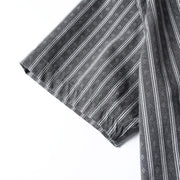 Gray retro Cuban collar striped short sleeve shirt sleeve detail showing lightweight breathable fabric and clean stitching.
