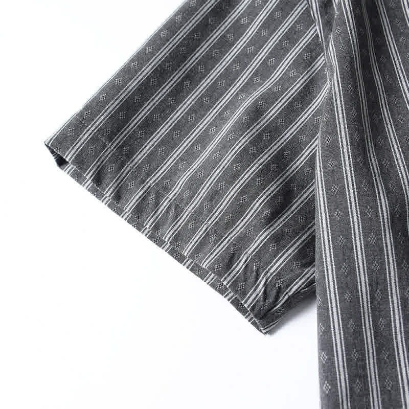 Gray retro Cuban collar striped short sleeve shirt sleeve detail showing lightweight breathable fabric and clean stitching.
