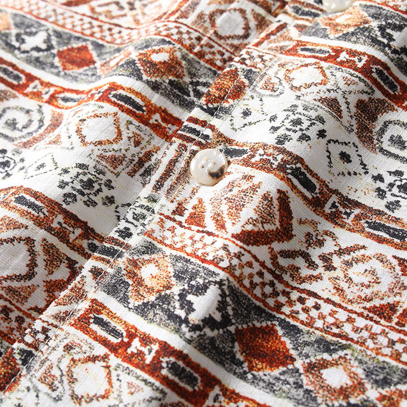 Close-up of shirt button and Hawaiian print fabric with geometric pattern.
