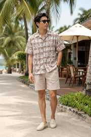 Men’s Hawaiian print Cuban collar shirt front view with relaxed fit and tropical vacation style.
