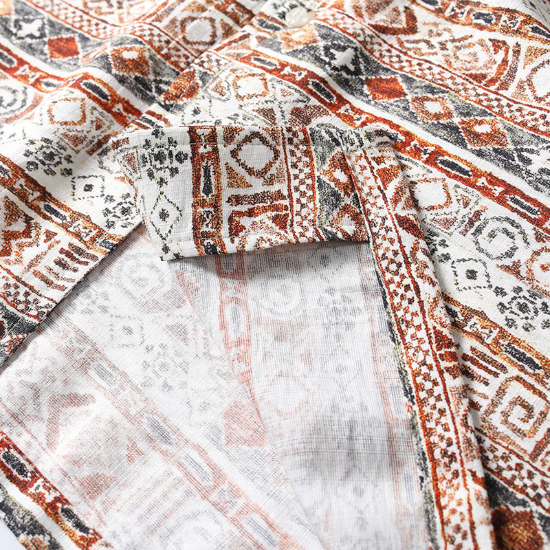 Interior fabric detail of Hawaiian print Cuban collar shirt showing material construction.
