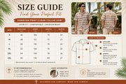 Size guide chart for Hawaiian print Cuban collar shirt with model measurements and fitting instructions.
